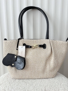 Ines Delaure torebka shopper koszyk na ramię beżowa z czarnym