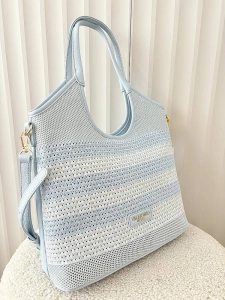 Torebka shopper na ramię niebieska plecionka