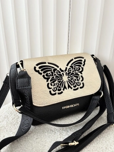 Massimo Contti torebka listonoszka czarna ze złotym z klapką trzykomorowa ażurowa