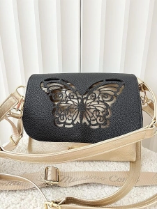 Massimo Contti torebka listonoszka złota z czarnym z klapką trzykomorowa ażurowa