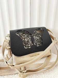 Massimo Contti torebka listonoszka złota z czarnym z klapką trzykomorowa ażurowa