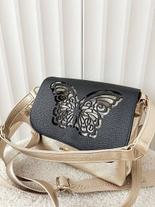 Massimo Contti torebka listonoszka złota z czarnym z klapką trzykomorowa ażurowa