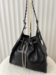 Laura Biaggi skórzana torba shopper na ramię czarna z łańcuszkami