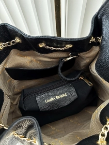 Laura Biaggi skórzana torba shopper na ramię czarna z łańcuszkami