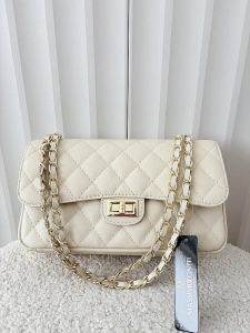 Massimo Contti duża torebka listonoszka skórzana beżowa pikowana z łańcuszkiem