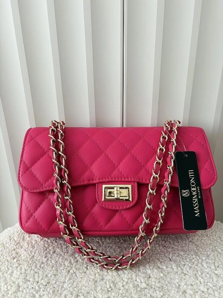 Massimo Contti duża torebka listonoszka skórzana fuksja pikowana z łańcuszkiem
