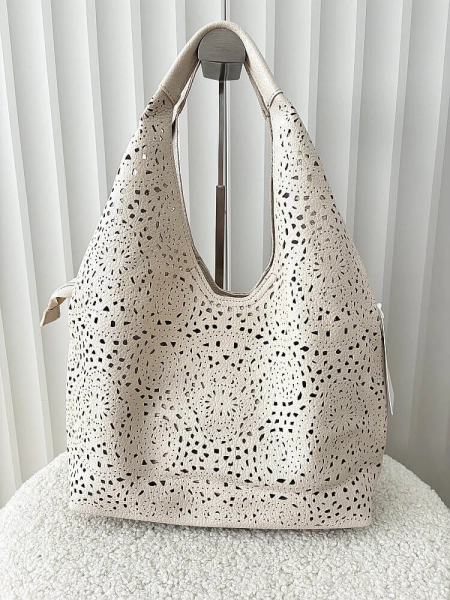 Maxfly torebka shopper na ramię i listonoszka 2w1 beżowa ażurowa