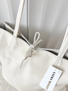 Laura Biaggi skórzana torba shopper jasnobeżowa z wiązaniem