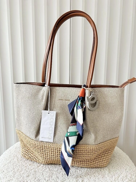 David Jones torba shopper na ramię beżowa plecionka