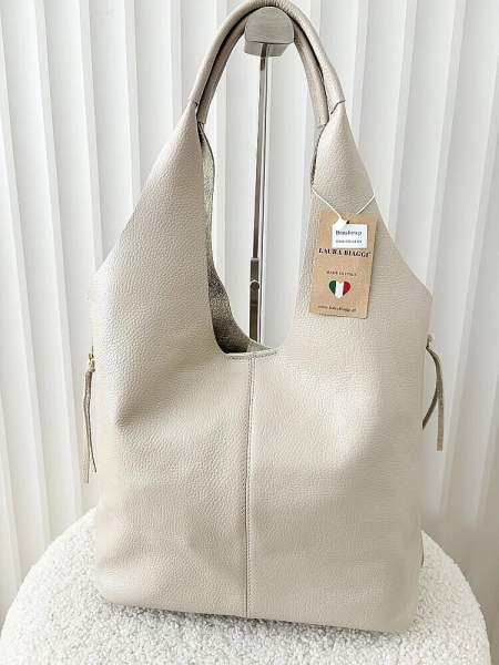 Laura Biaggi skórzana torba shopper na ramię beżowa