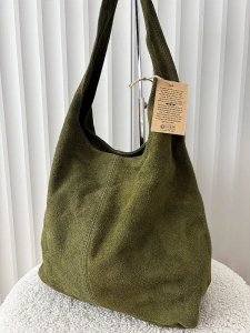 Torebka shopper na ramię zamszowa zielona z przeszyciem