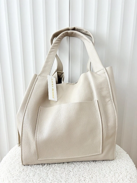Laura Biaggi torba shopper skórzana beżowa z kieszenią