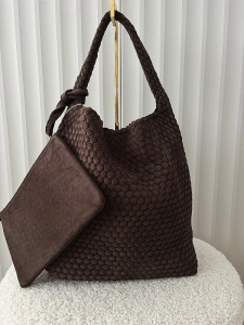 Torebka shopper na ramię czekoladowa plecionka ekozamsz