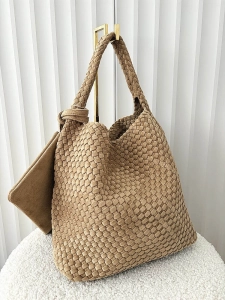 Torebka shopper na ramię ciemnobeżowa plecionka ekozamsz