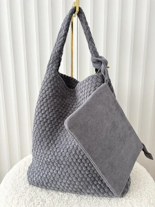 Torebka shopper na ramię szara plecionka ekozamsz
