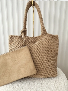 Torebka shopper ciemnobeżowa plecionka ekozamsz