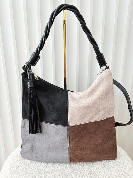 Torebka shopper na ramię czarna z brązowym ekozamsz 