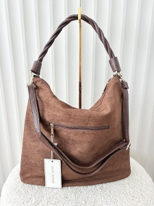 Torebka shopper na ramię brązowa z beżowym ekozamsz