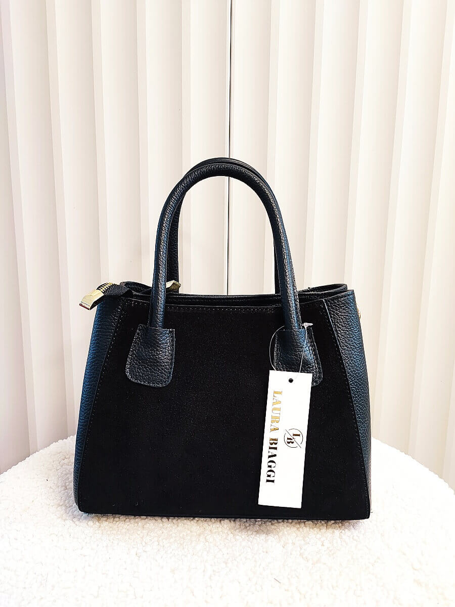 Laura Biaggi torba mini shopper dwukomorowa skórzana z zamszem czarna