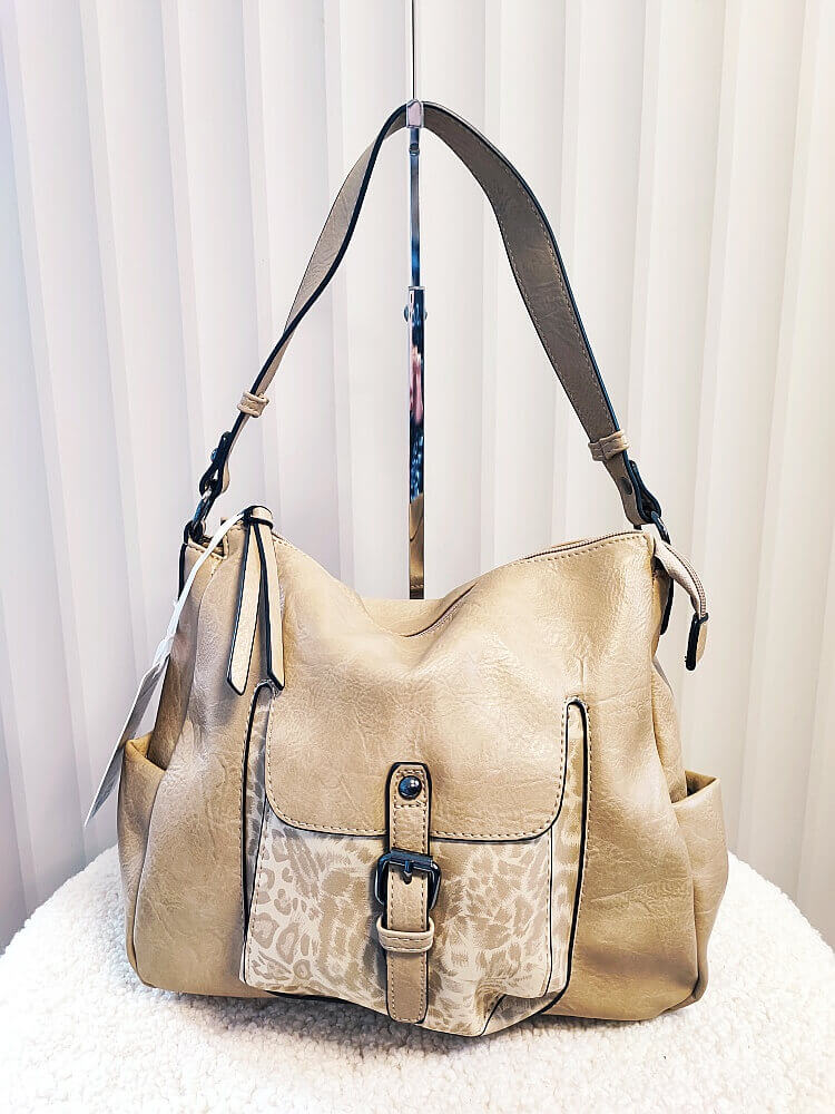 Ines Delaure duża torebka listonoszka na ramię beżowa z panterką