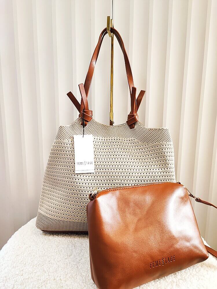 Eva Minge torba shopper na ramię 2w1 beżowa z brązowym