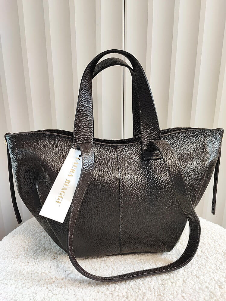 OUTLET Laura Biaggi torba mini shopper skórzana brązowa