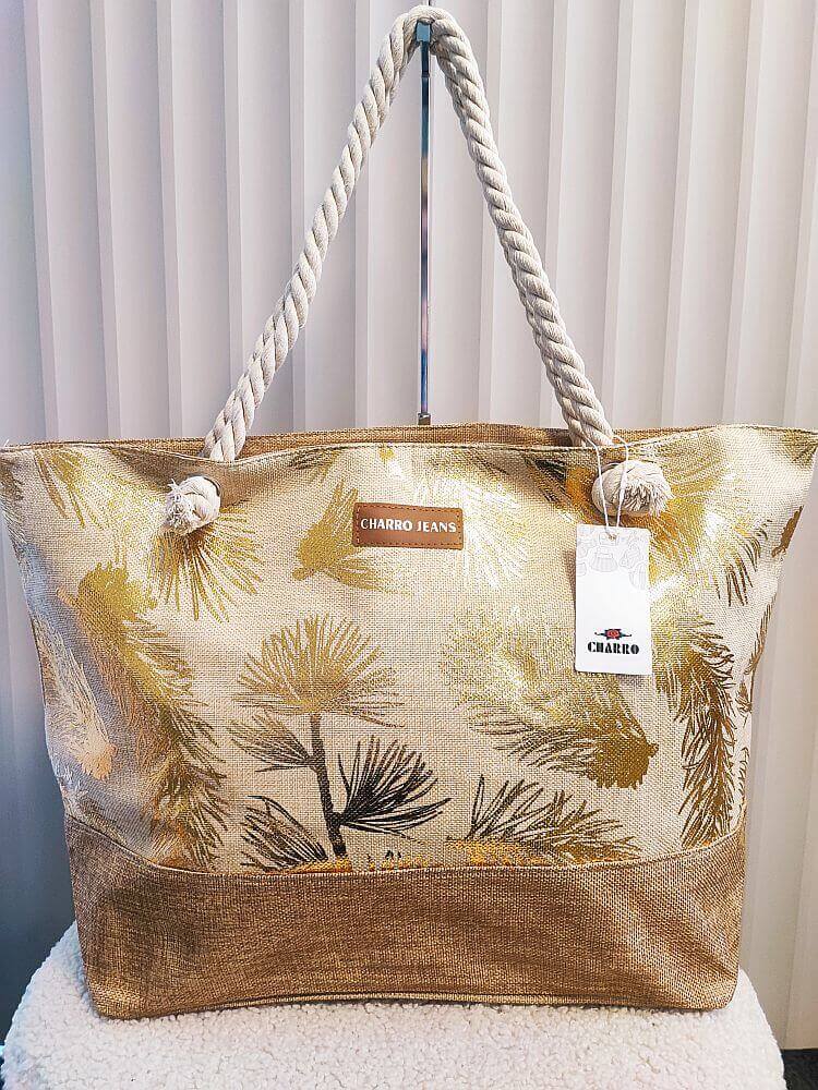 Torba shopper plażowa beżowa ze złotym w liście