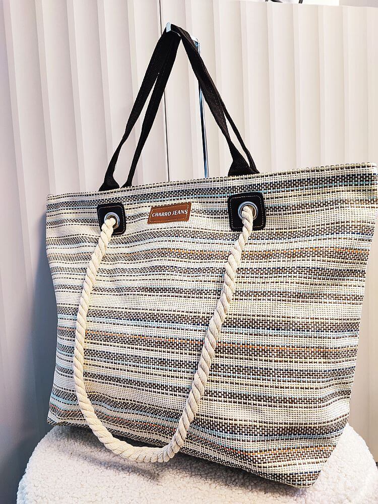 Torba shopper plażowa beżowa z brązowym w paski