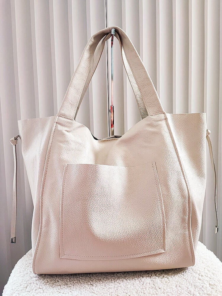 Laura Biaggi torba shopper skórzana beżowa z kieszenią