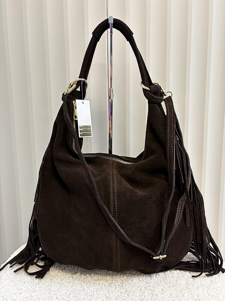 Laura Biaggi torebka listonoszka na ramię zamszowa czekoladowa frędzle