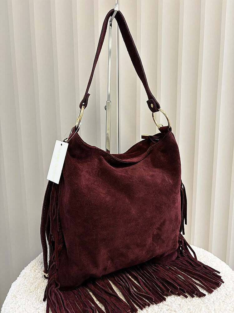 Laura Biaggi torebka listonoszka na ramię zamszowa bordowa frędzle