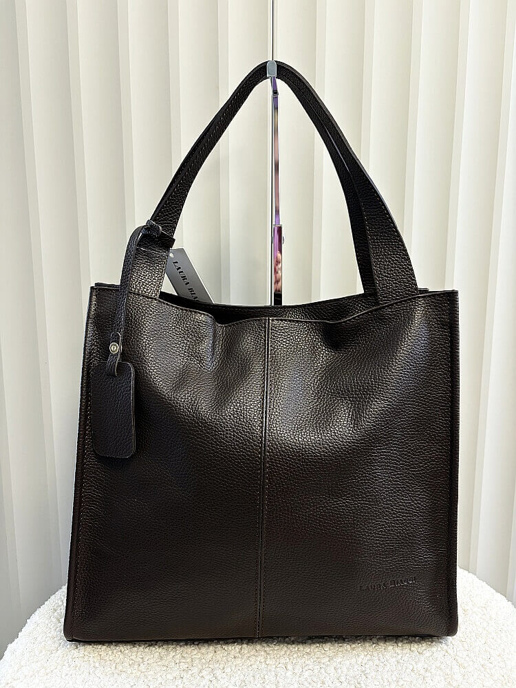 Laura Biaggi skórzana torba shopper czekoladowa z przeszyciem