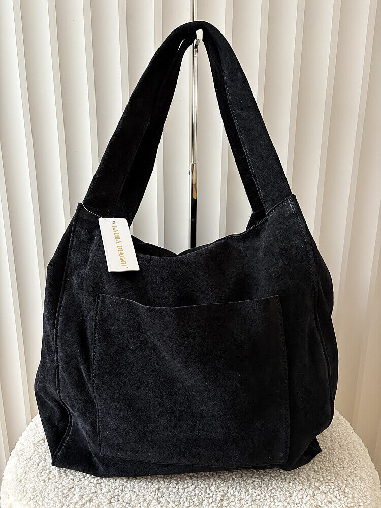 Laura Biaggi duża torba shopper zamszowa czarna z kieszenią