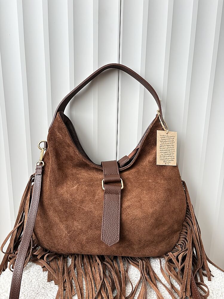 Torba shopper na ramię zamszowa brązowa frędzle