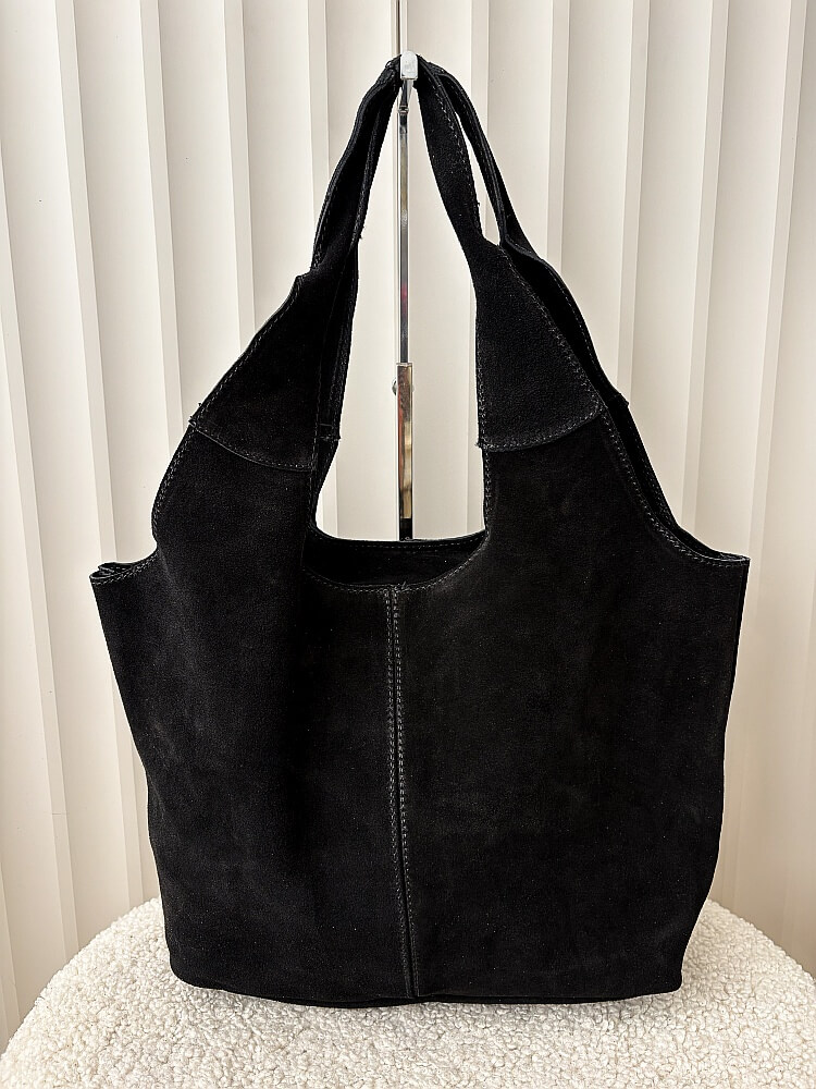 Torebka shopperka na ramię zamszowa czarna z przeszyciem