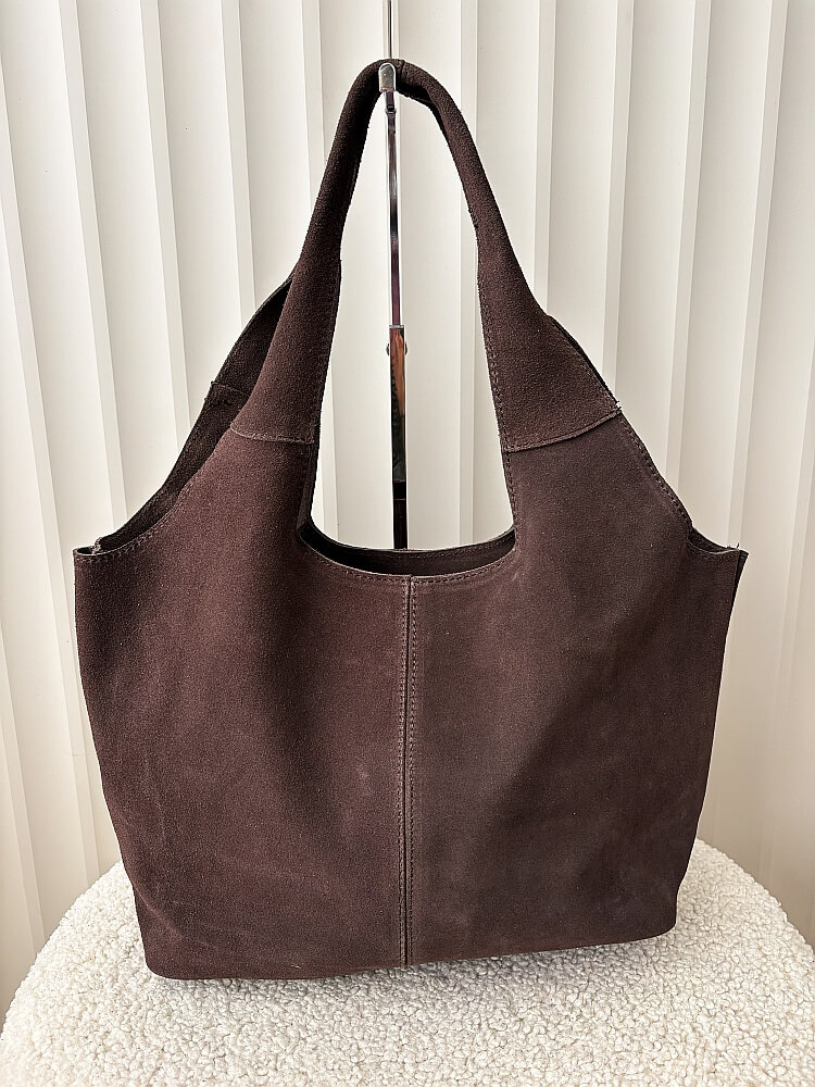 Torebka shopperka na ramię zamszowa czekoladowa z przeszyciem