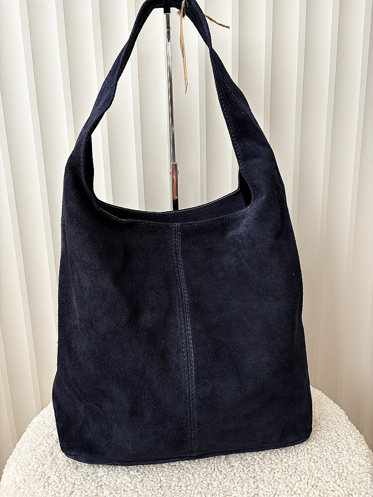 Torebka shopper na ramię zamszowa granatowa z przeszyciem