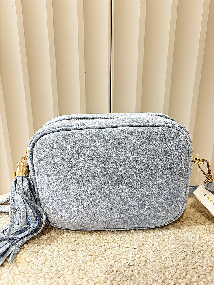 Laura Biaggi torebka kuferek zamszowy niebieska z frędzlem