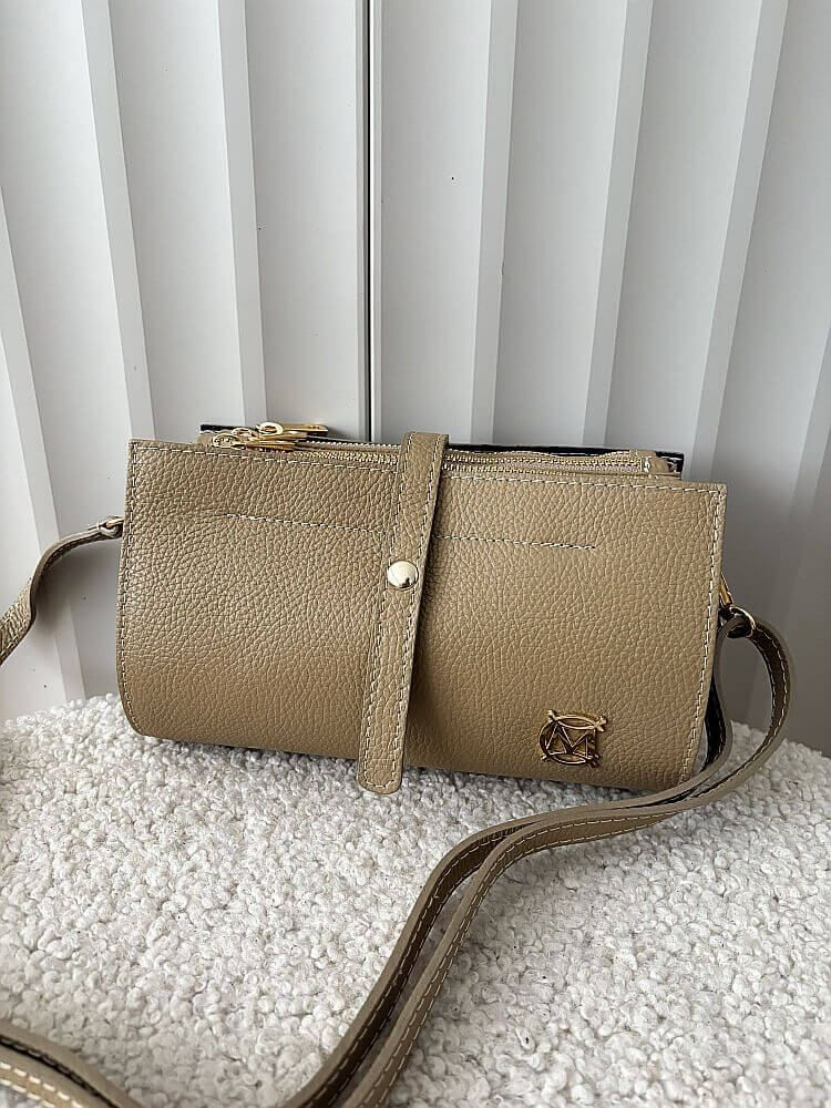 Massimo Contti skórzana torebka listonoszka beżowa trzykomorowa