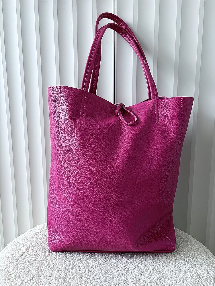 Laura Biaggi skórzana torba shopper fuksja z wiązaniem