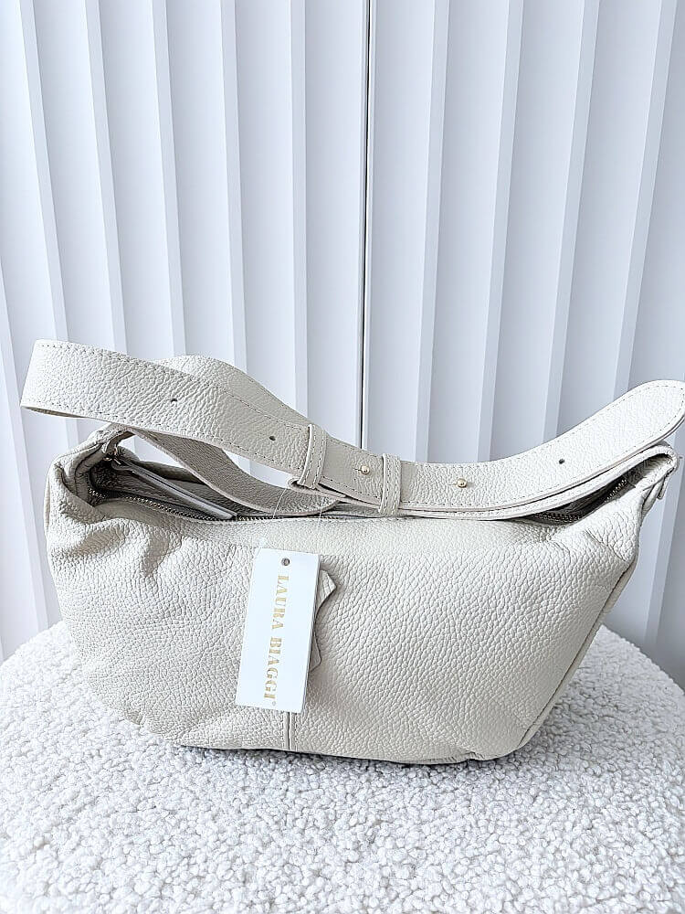 Laura Biaggi duża torebka listonoszka skórzana beżowa