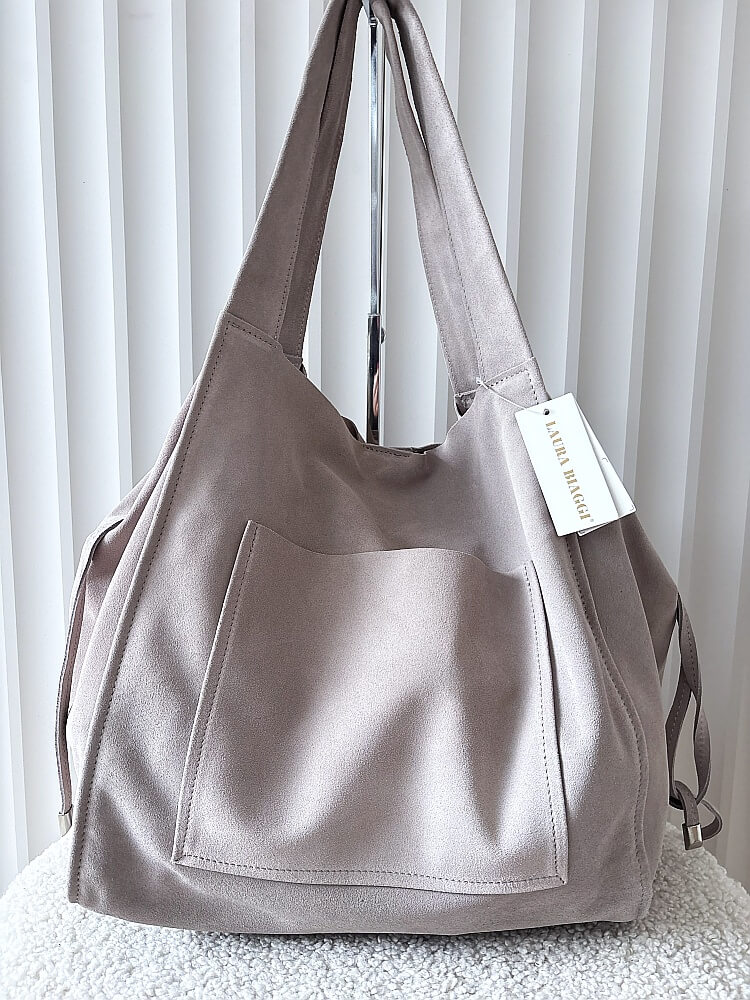 Laura Biaggi torba shopper zamszowa jasnoszara z kieszenią