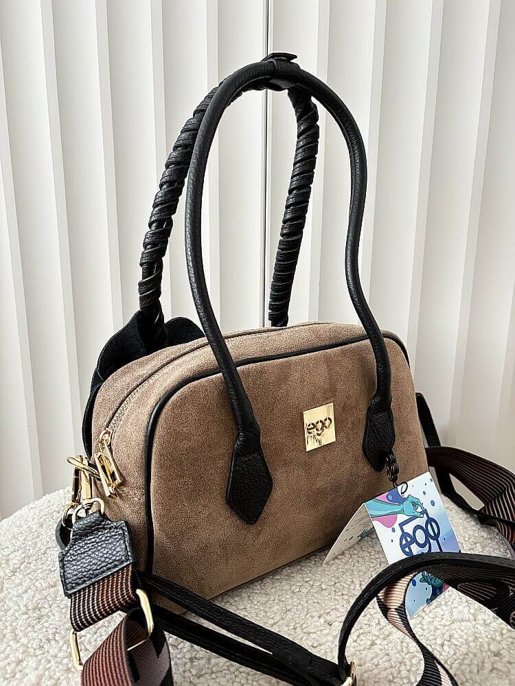 Ego torebka kuferek na ramię zamszowa taupe z różą