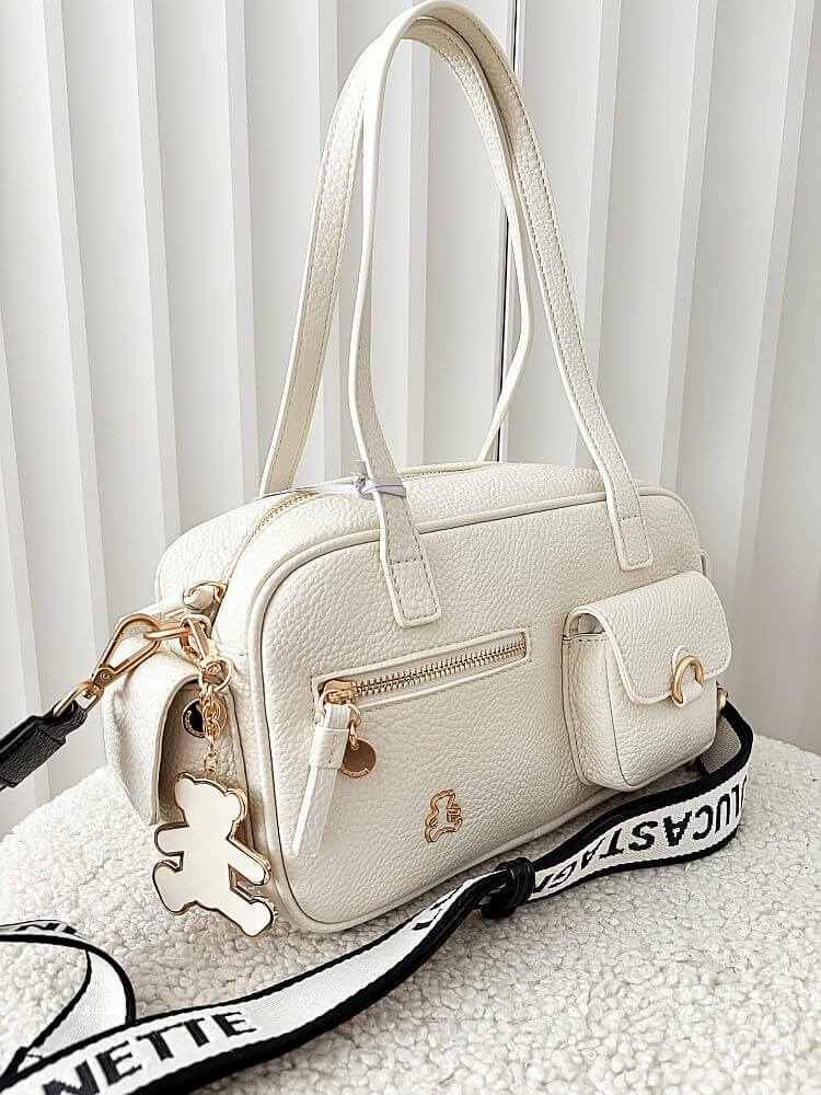 Lulu Castagnette torebka kuferek na ramię ecru z kieszeniami