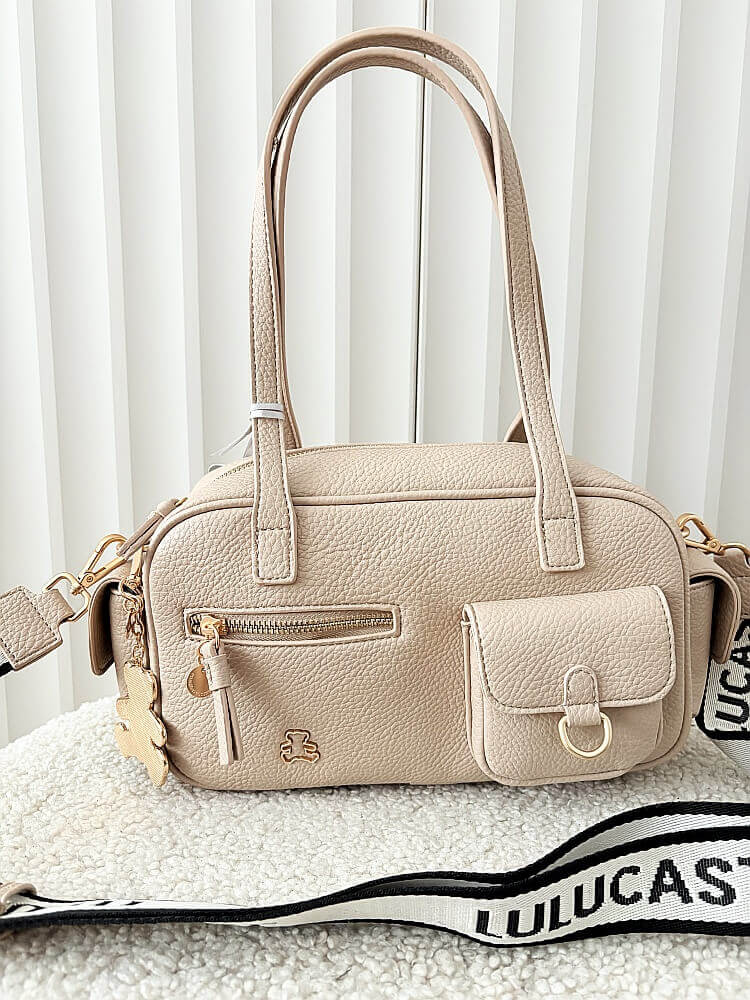 Lulu Castagnette torebka kuferek na ramię beżowa z kieszeniami