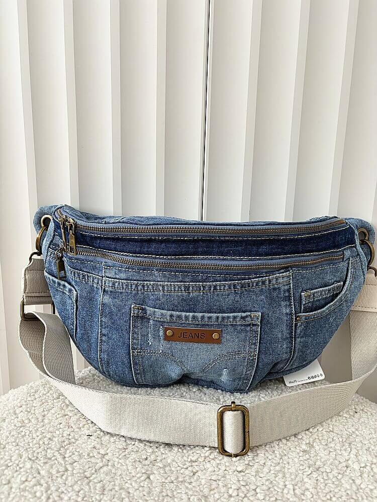 Maxfly torebka nerka jeans XL niebieska z beżowym zip