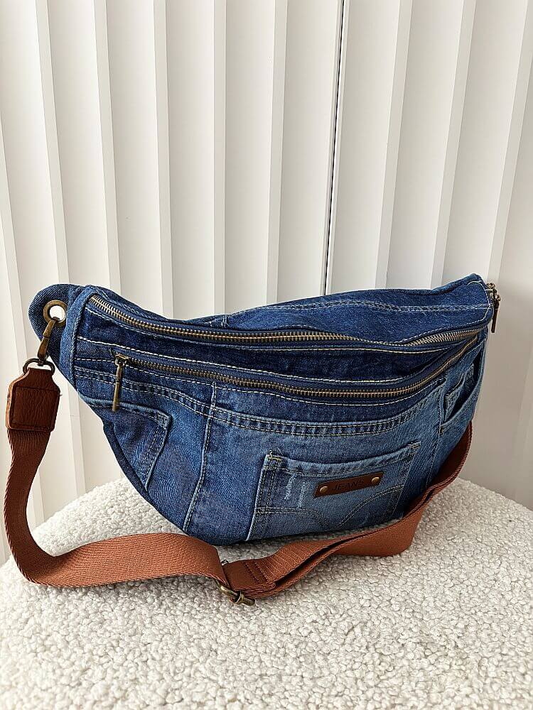 Maxfly torebka nerka jeans XL niebieska z brązowym zip