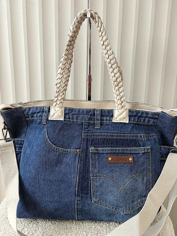 Maxfly torebka shopper jeans niebieska z beżowym