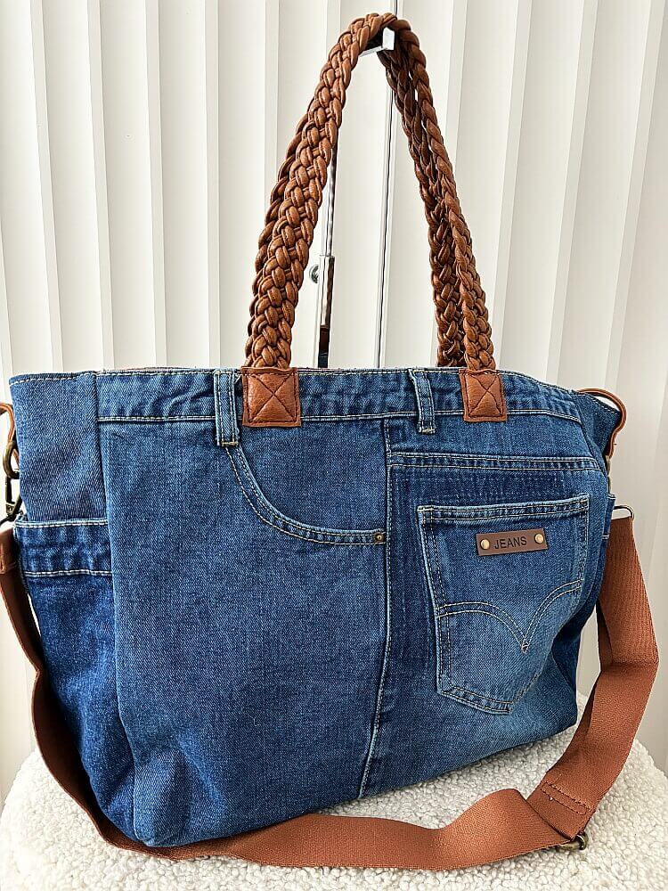 Maxfly torebka shopper jeans niebieska z brązowym