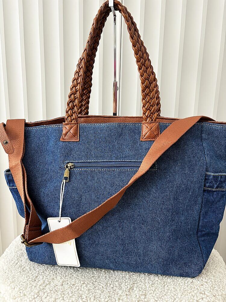 Maxfly torebka shopper jeans niebieska z brązowym